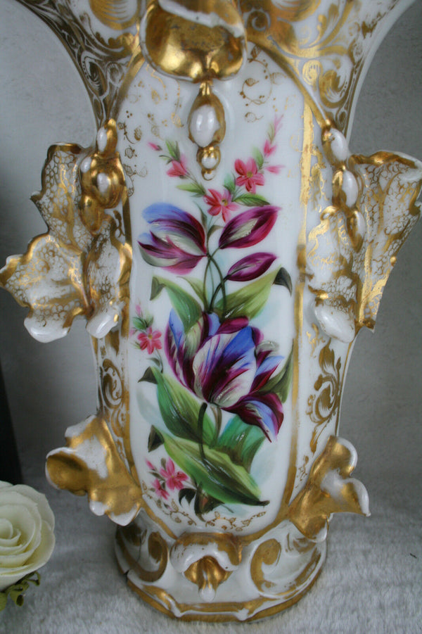 PAIR 19th c Vieux paris porcelain hand paint floral decor Vases Cornet