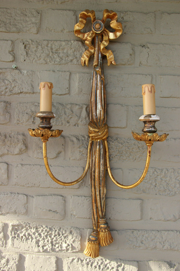 huge pair italian Maison chelini Wood Carved Louis XVI wall sconces lights 1970