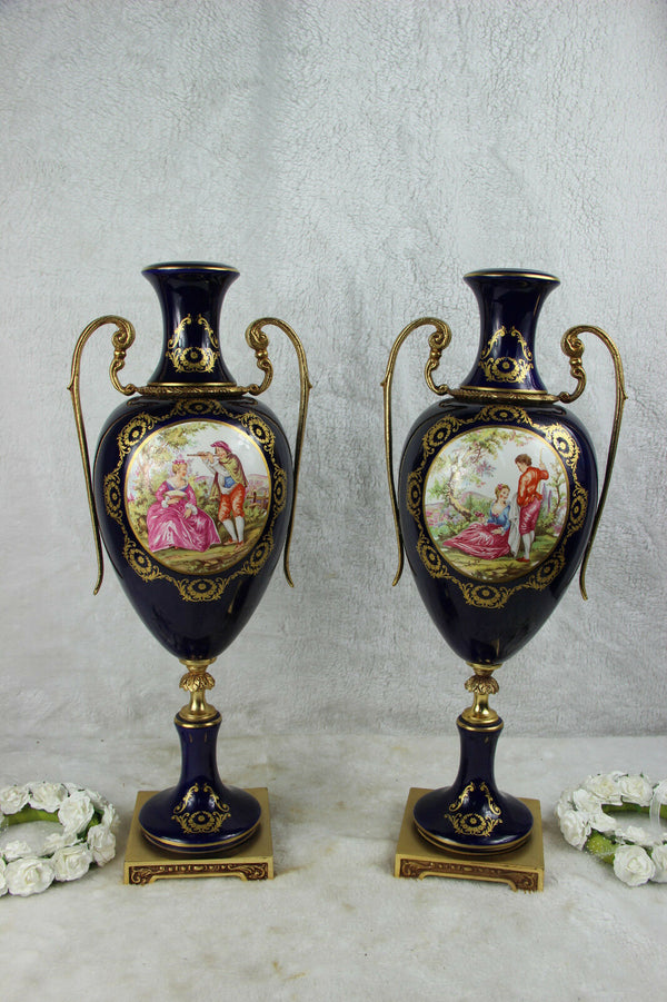 PAIR large French limoges porcelain victorian romantic scene Vases