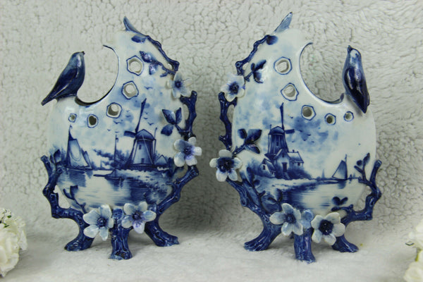 PAIR Delft blue white pottery Bird Floral Mill landscape Vases figurines