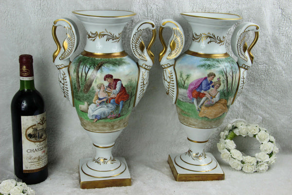 PAIR large French porcelain Vases victorian romantic scene swan birds