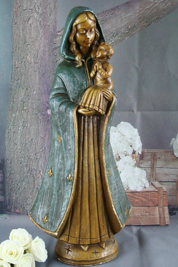 Antique XL 52cm Holy MAdonna signed MERLINI art deco fleur de lys cape