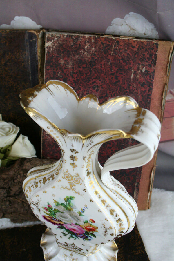 Antique French 19th c Vieux paris porcelain floral pitcher vase