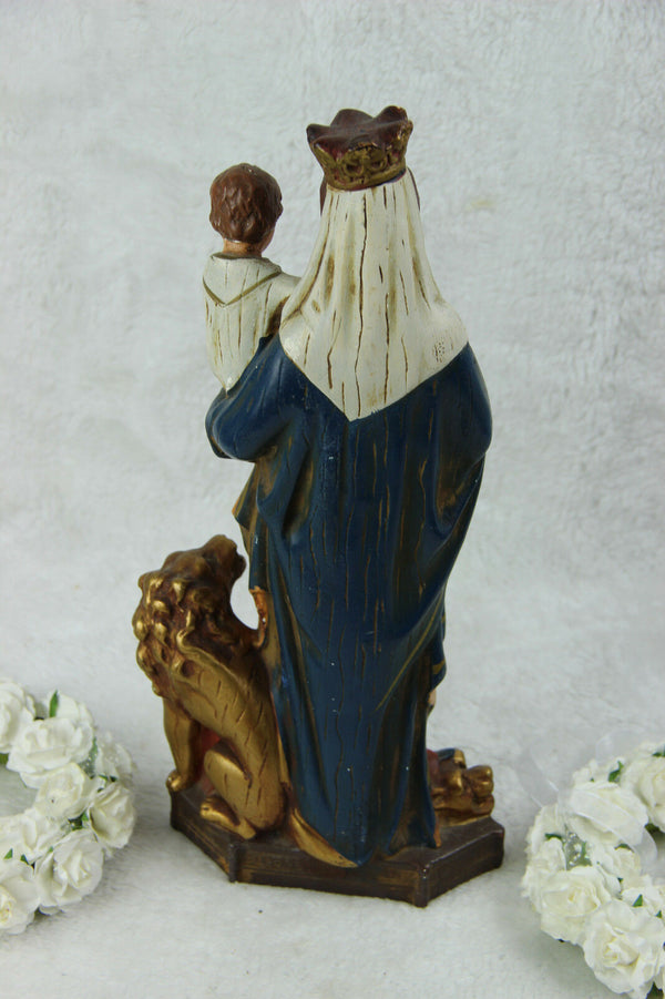 Antique chalkware Madonna Mary child lion snake statue figurine religious