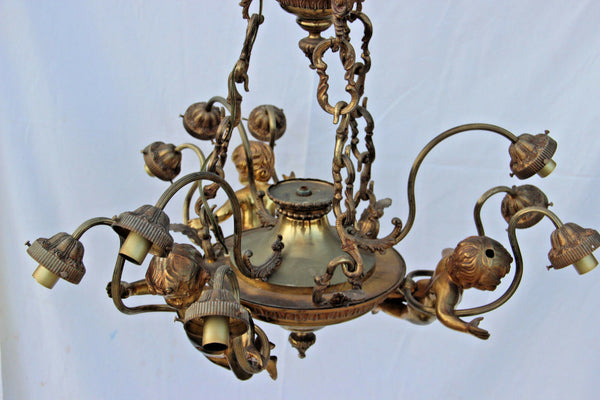 HUGE French antique Brass 3 putti angels figural Chandelier 9 lights 1950 Rare