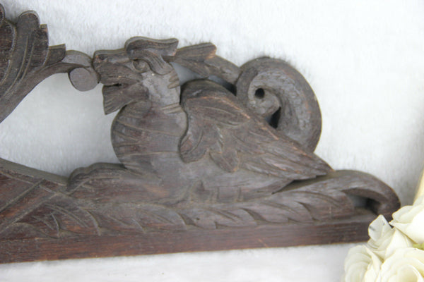 French antique wood carved dragon griffin pediment cabinet fronton gothic