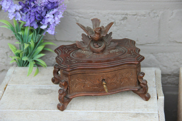 Antique Swiss black forest wood carved jewelry trinket box birds nest  velvet
