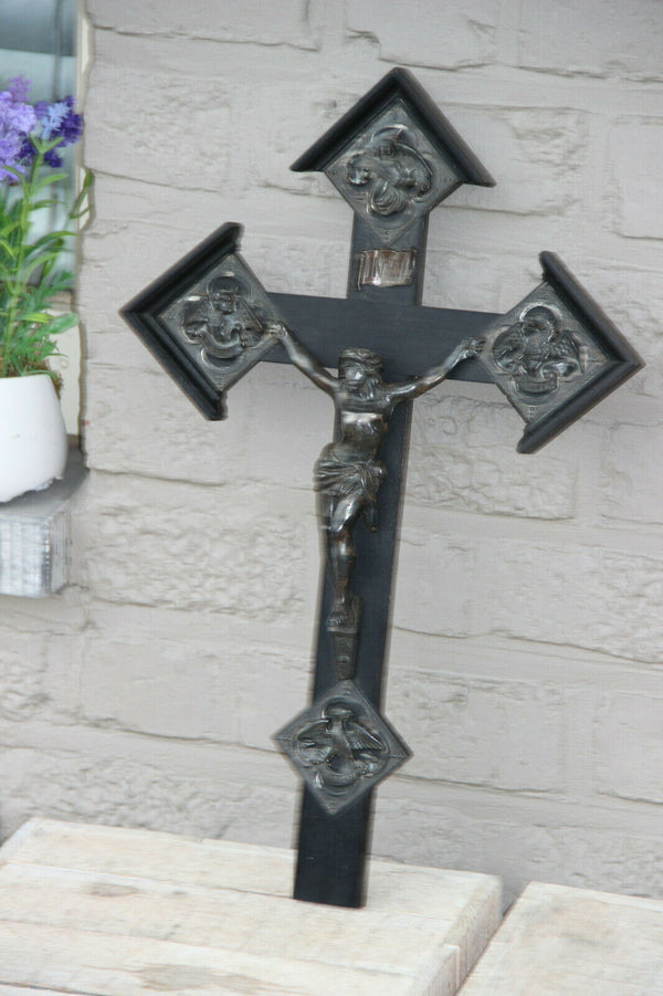 Antique Religious Crucifix silver christ 4 evangelists wood cross Religious top