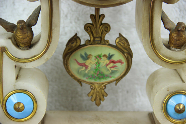 Antique French alabast marble clock bronze birds sevres putti porcelain plaques