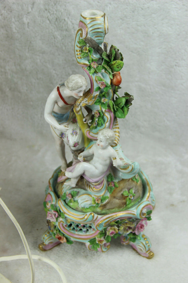 Antique porcelain table lamp figurines putti angel nude lady relief flowers