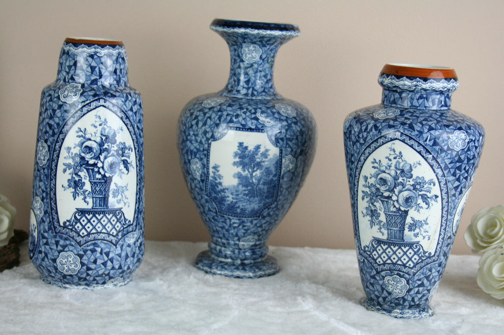 SET 3 Antique Royal bonn Blue white flamand decor nature theme Vases marked
