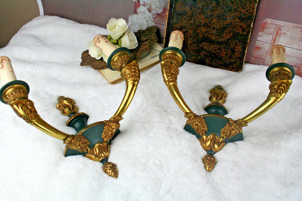 PAIR large FRench Empire Satyr heads green brass bronze sonces  wall lights 1920