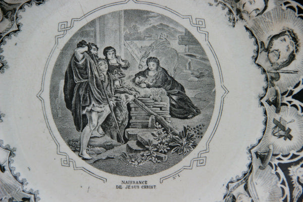Antique Dutch MAESTRICHT marked Black creme jesus birth plate religious