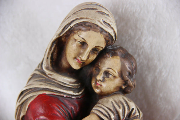 Antique French Religious chalkware polychrome statue madonna jesus john baptist