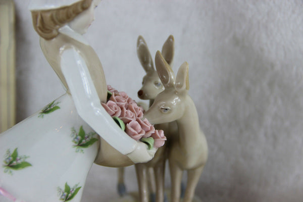 Vintage porcelain girl deer flower basket statue figurine group marked lladro