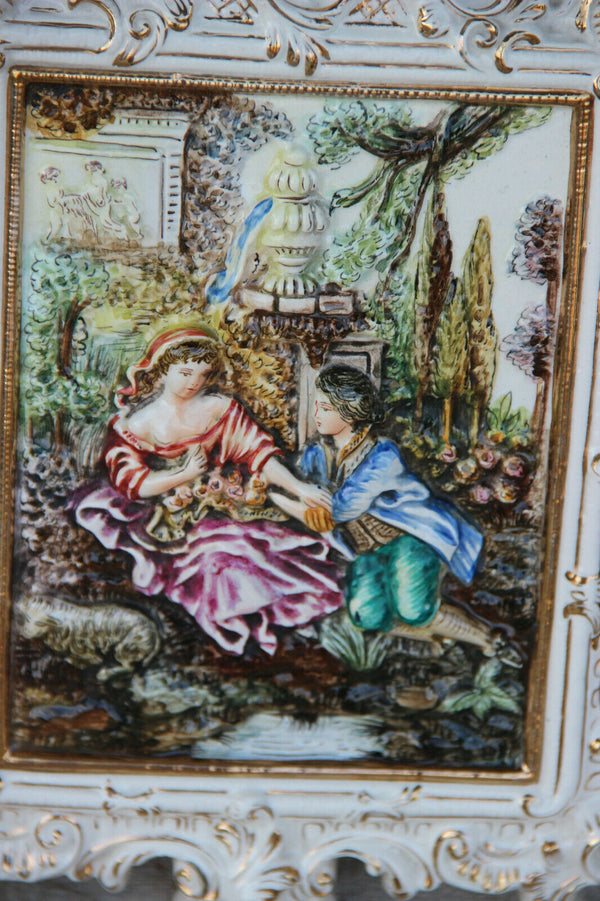 Italian capodimonte marked porcelain relief Wall plaque panel romantic scene 70s