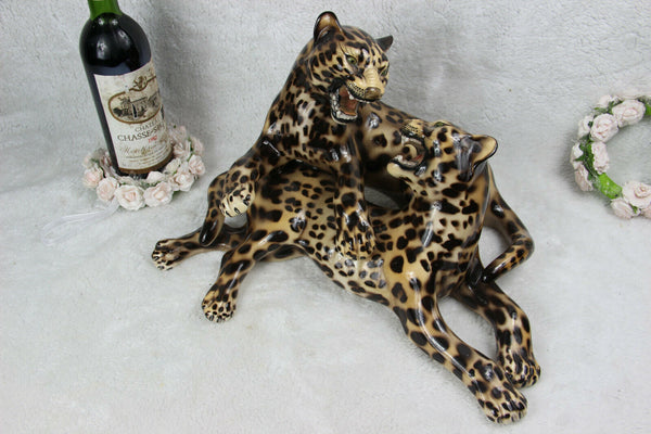 XL Italian mid century 1960 ronzan porcelain Panther leopard Group statue