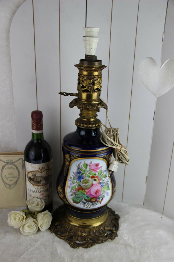 Antique French Limoges blue porcelain oil petrol lamp romantic scene floral