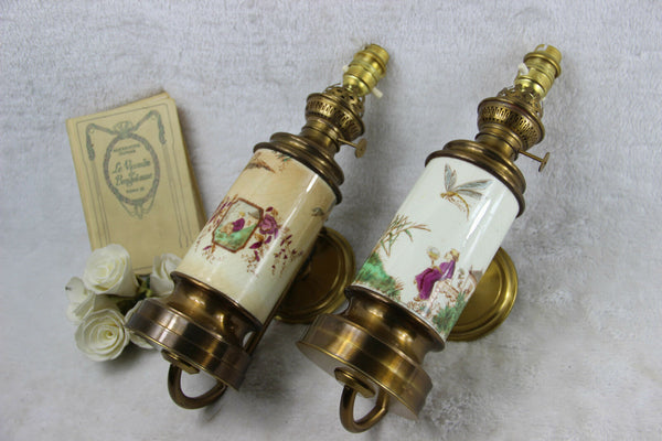 PAIR Chinese Faience craquele oil lamps wall lights  sconces electrified