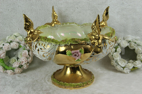 Vintage italian porcelain Centerpiece bowl with encrusted flowers and birds