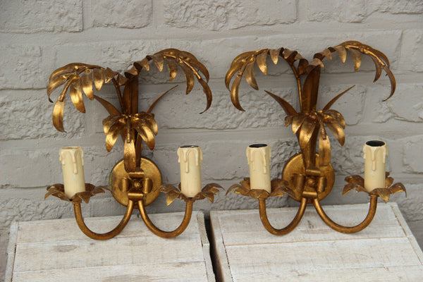 PAIR  1970 Palm tree metal gold gilt sconces wall lights attr Hans Kogl