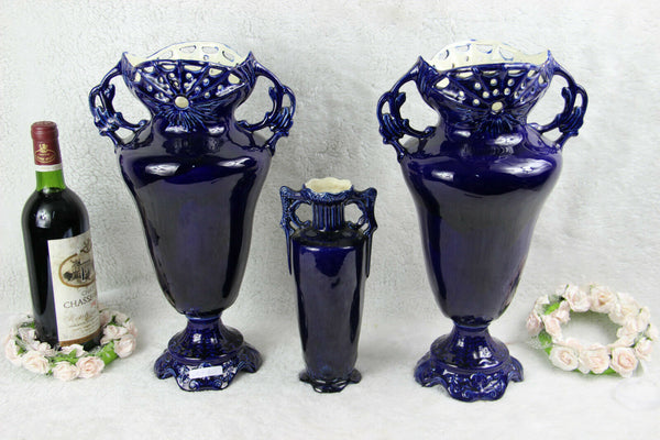 Set of 3 Austria Josef Strnact Blue ceramic porcelain Vases romantic marked 1920