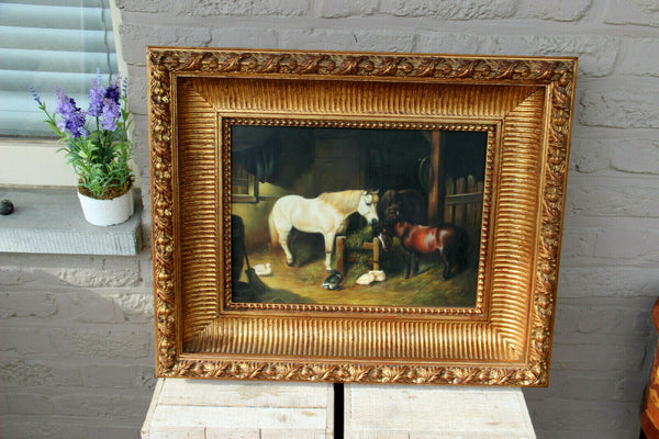 Vintage flemish oil panel painting horses duck  farm scene equestrian