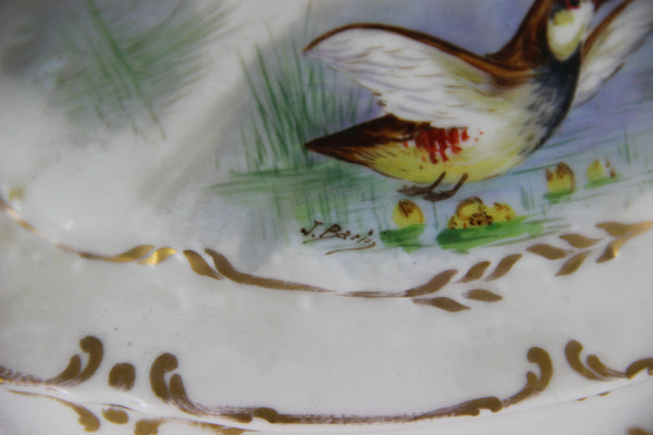 French limoges marked porcelain bird pheasant tableware salad bowl signed