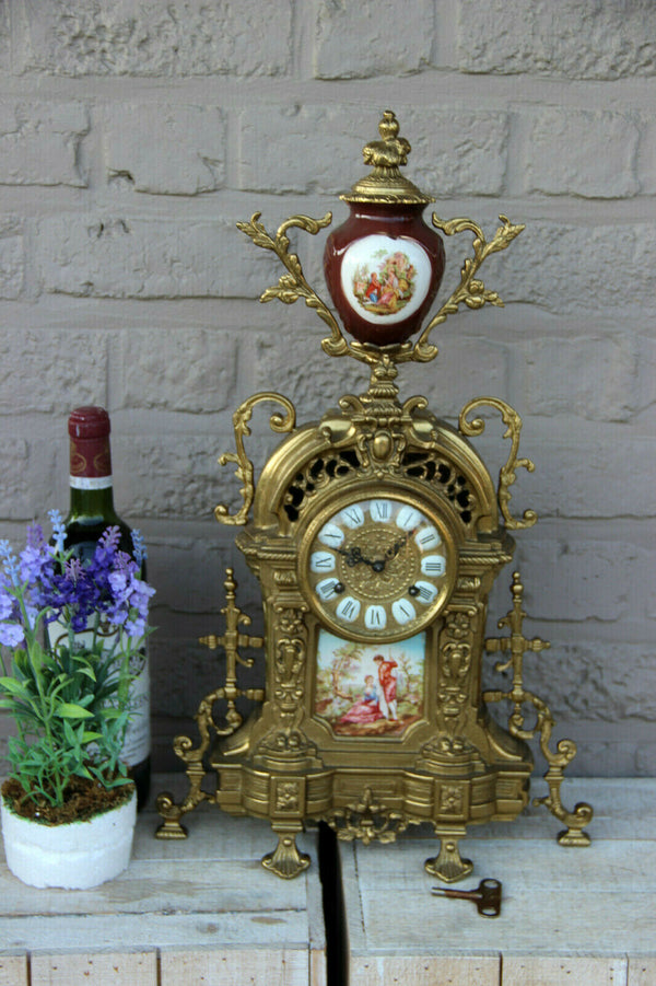 French Bronze porcelain victorian romantic plaque Mantel clock FHS movement