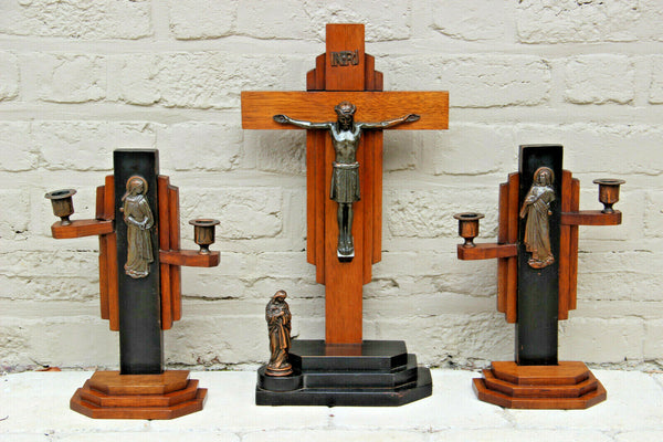 Antique ART DECO crucifix candlestick religious set wood metal