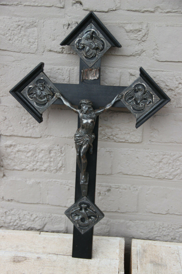 Antique Religious Crucifix silver christ 4 evangelists wood cross Religious top