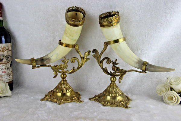 Gorgeous PAIR french Cornucopia Horn Brass base table desk decoration