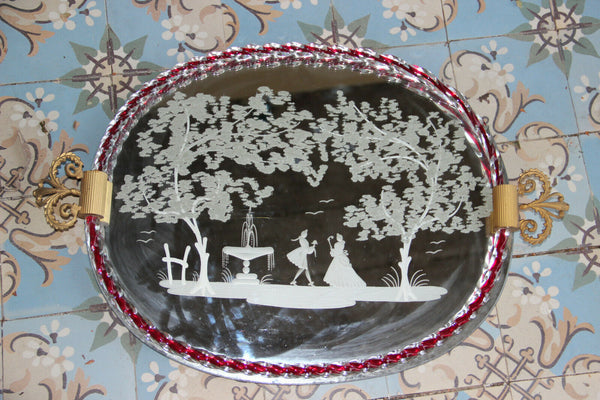 LARGE Venetian Murano Glass romantic Victorian scene Tray red mirror glass