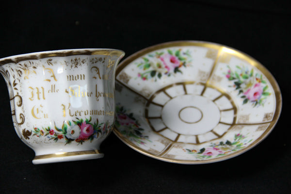 antique vieux paris porcelain tea coffee cup plate with text