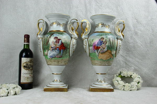 PAIR large French porcelain Vases victorian romantic scene swan birds