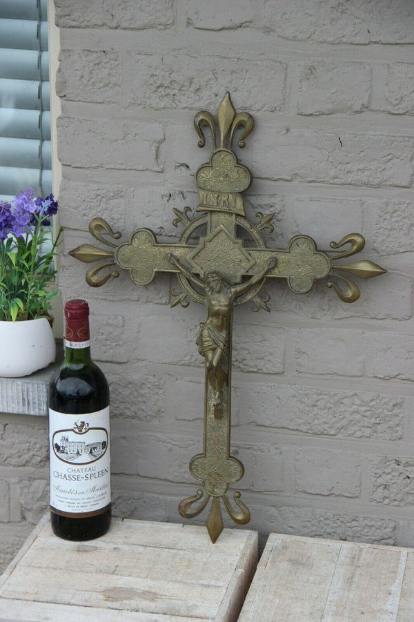 Antique XL church Religious Crucifix Bronze fleur de lys france