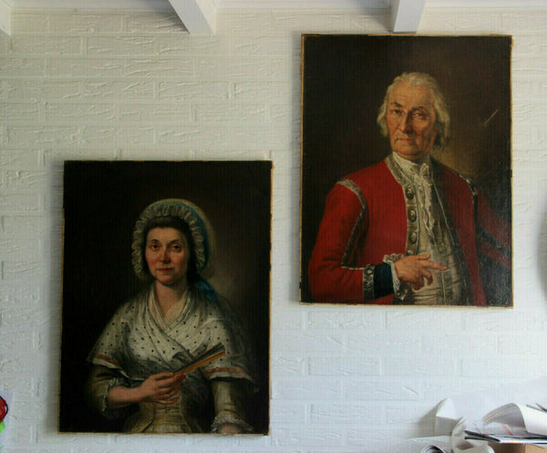 PAIR XL French antique 1800 Oil canvas painting magistrate couple ancestors