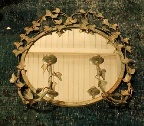 French antique 1930 Metal leaves art nouveau glass mirror with candle holders