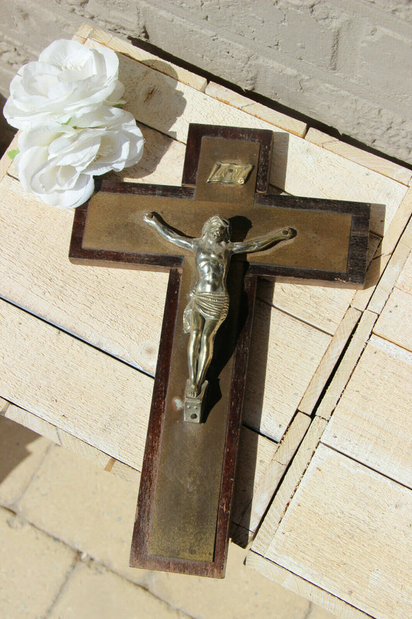 Antique French religious Crucifix cross christ wood metal