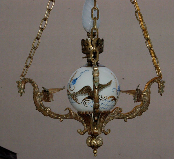 French vintage bronze Dragon gothic 3 arms chandelier opaline glass ball 1950