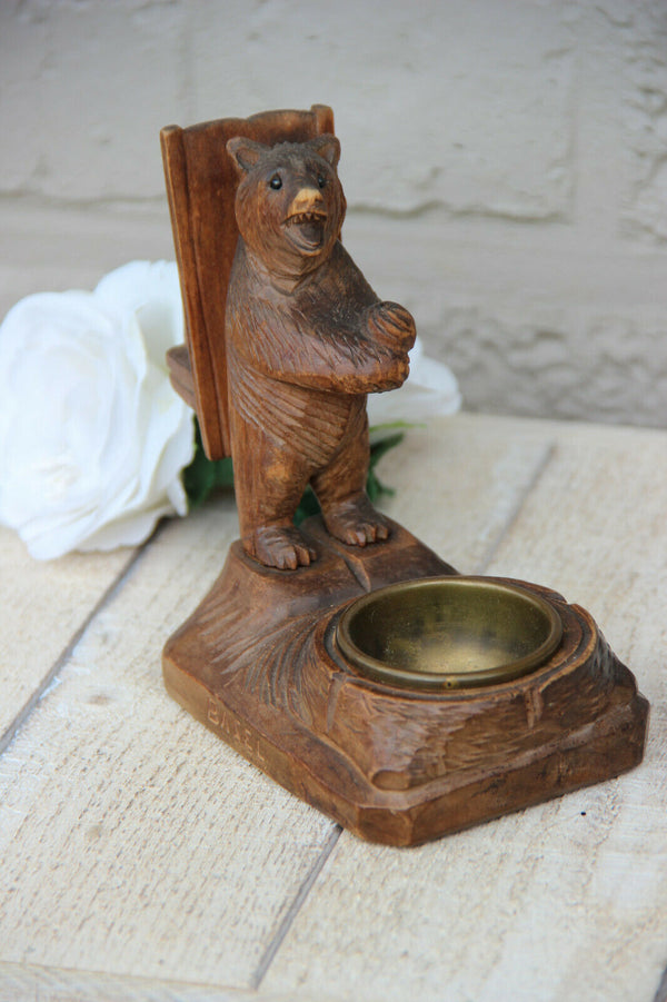 Antique hand Black forest wood carved swiss bear statue ashtray match holder