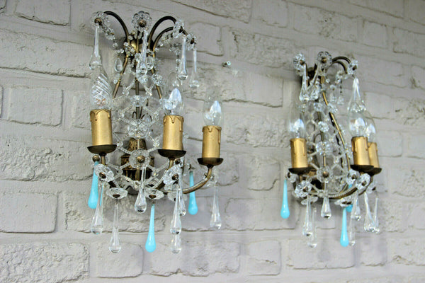 PAIR Murano turquoise glass drops flowers chains wall lights sconces 1960