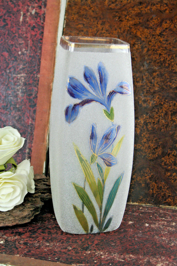 French art nouveau frosted glass enameled vase floral decor