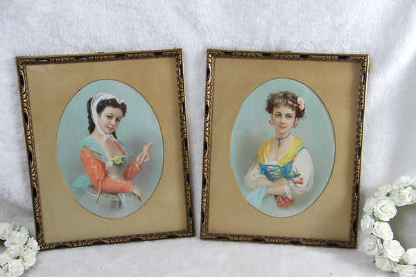 PAIR French ART NOUVEAU 1900 Watercolour painting Lady portrait Framed