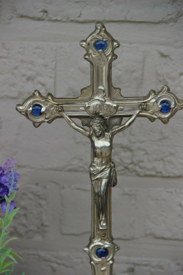 Antique French spelter silver patina Crucifix blue stones Cross religious