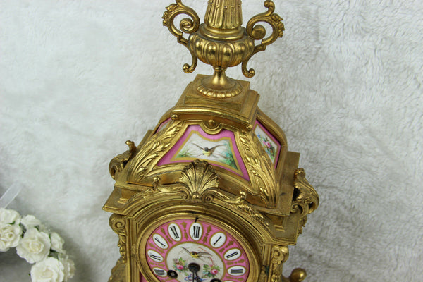 Antique French Mantel clock pink sevres porcelain plaques putti bird floral
