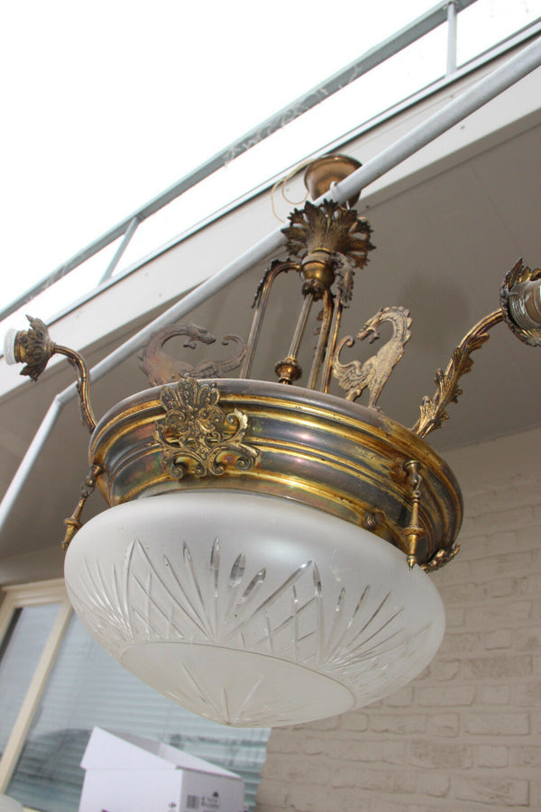 Antique French Gothic 3 Arm dragon Castle chandelier crystal glass coupe lamp