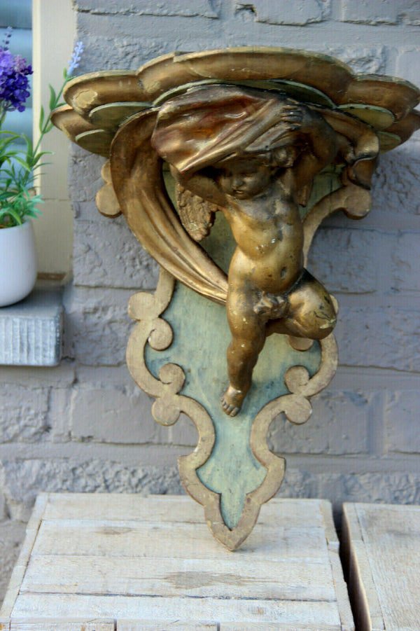 Antique italian gilt carved Wood & plaster  putti angel figurine wall console