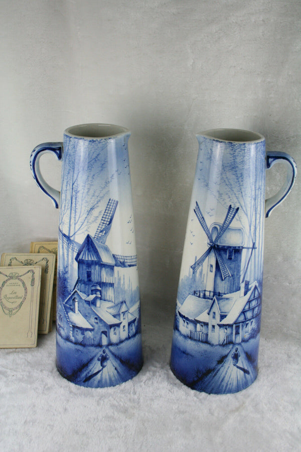 PAIR XXL exclusive DELFT Ceramic pottery pitchers jars mill scenes 1920 Holland