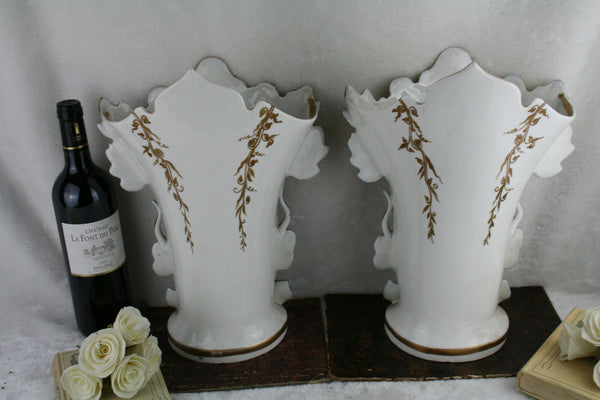 PAIR 19thC old Bayeux Paris porcelain floral hand paint decor French Vases